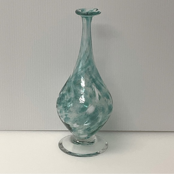 LC ROFF Vase Hand Blown Glass Teardrop Signed Swirls 9” Tall Aqua - Picture 6 of 13